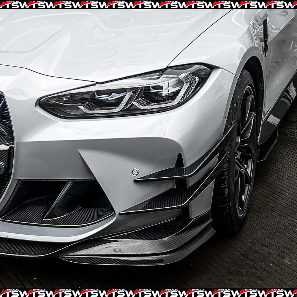 Carbon Fiber Front Bumper Garnish Trim Cover Fang For 2021-2025 BMW G80 G82 M3 M4 – Black, Clear Coat, Adhesive Mount